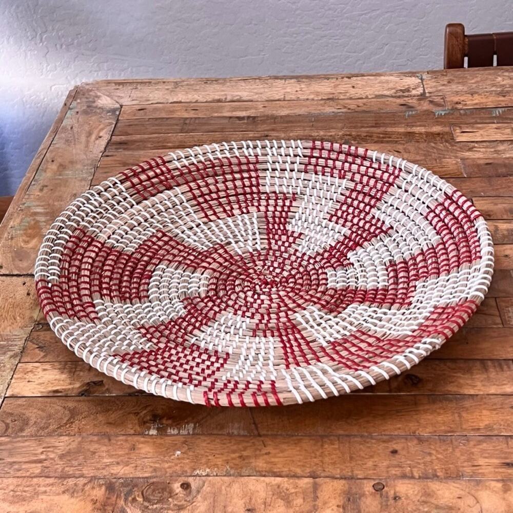 Handmade Hanging Wall Basket 18" Senegalese-Style Woven Basket White & Red